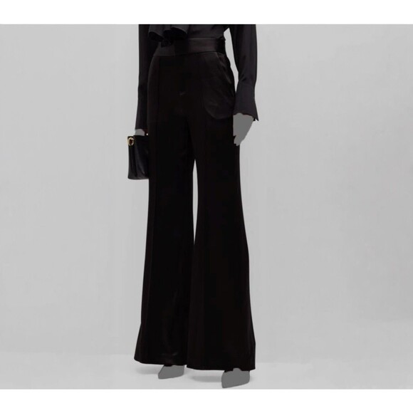 Alice + Olivia Pants - Alice + Olivia Women's Black High-Rise Wide Leg Satin Pants Size 0 Pockets